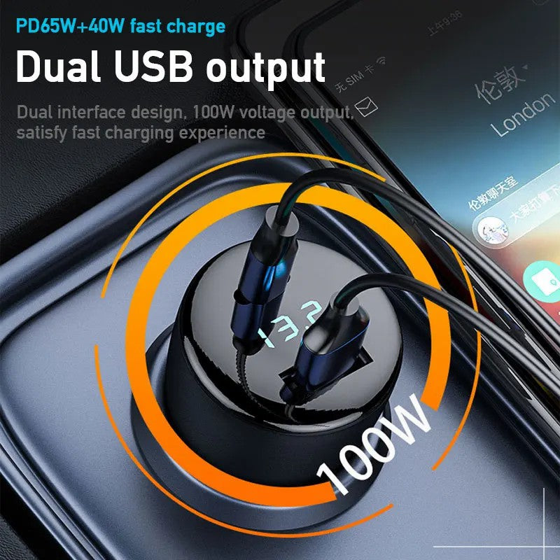 P5C Type-C+USB Dual Port Digital Display PD 65W Fast Charger for 12V-24V Cars P5C Type-C+USB Dual Port Digital Display PD 65W Fast Charger for 12V-24V Cars